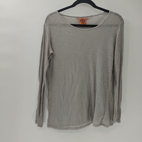 Tory Burch gray t-shirt silver foil prints long sleeve thin sheer lightweight - Picture 1 of 3